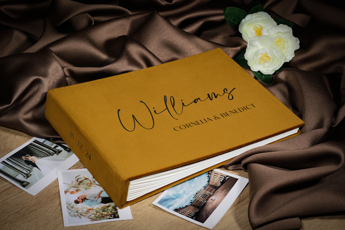 Guest Book with the Name of the Happy Couple, Photo Album in Mustard or Other Color Velvet or Suede, Personalized Instax Picture Album Book