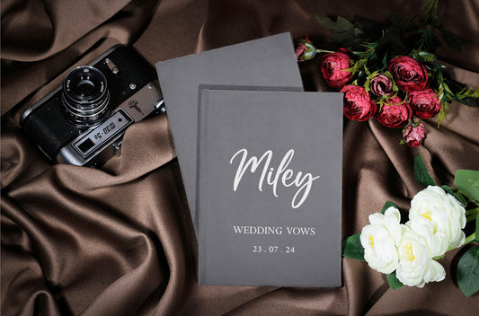 Personalized Vow Books For Wedding, His And Her Vow Cases With Names, Bridal Shower Gift, Handmade Bride And Groom Grey Velvet Vow Books