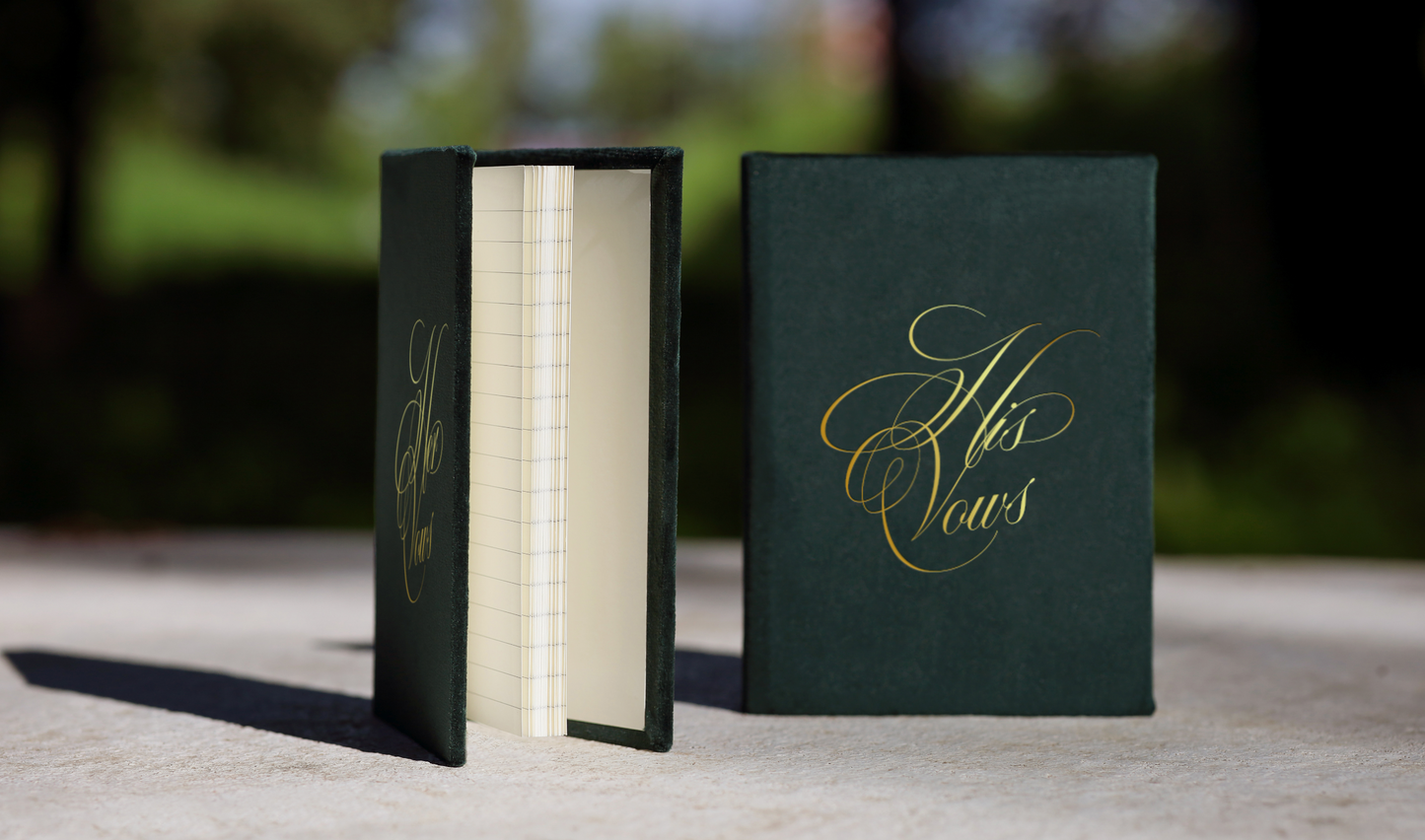 Green velvet vow books with lined pages, custom his and her vow booklets, wedding vow cases with personalized cover, bride and groom vows